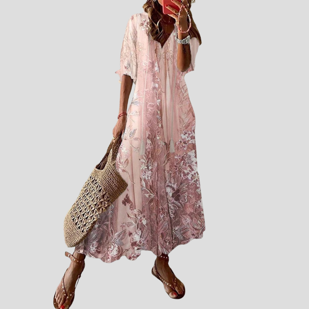 Losse maxi-jurk met bloemenprint en V-hals voor dames