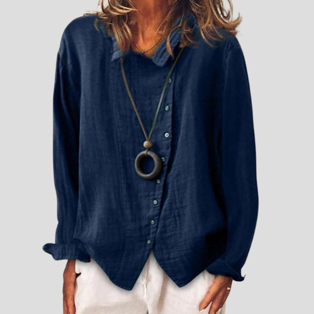 Damesblauw overhemd met lange mouwen en knoopjes