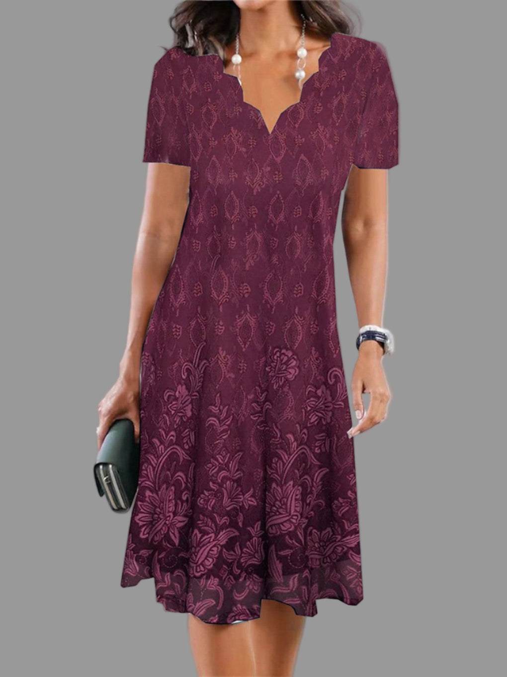 Dames midi-jurk met bloemenprint - fuchsia V-hals en korte mouwen