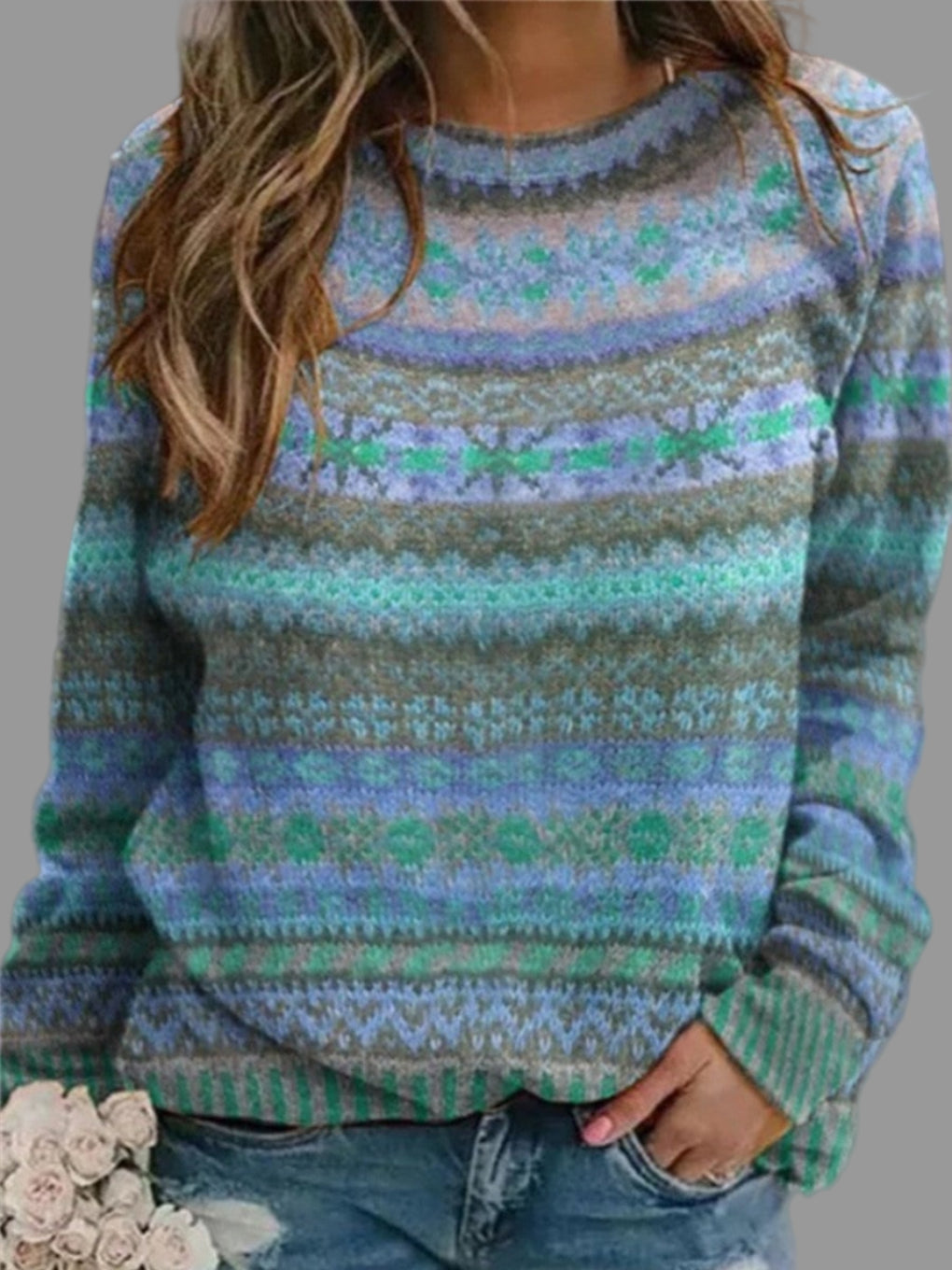 Dames ronde hals trui – zachte vintage blauwe laag
