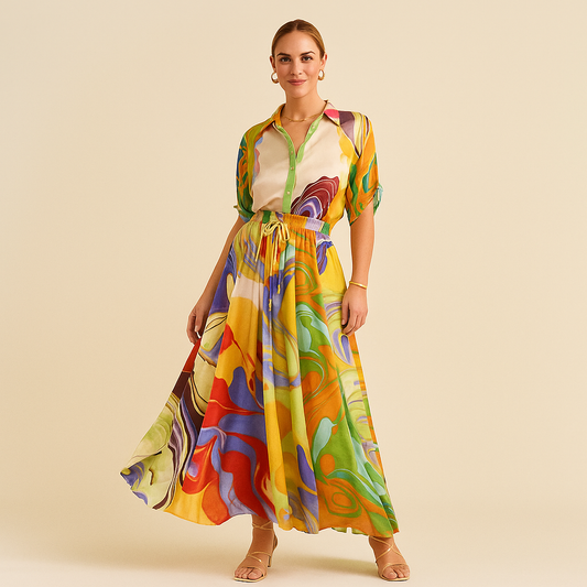 Lange jurk met abstracte print en overhemdkraag