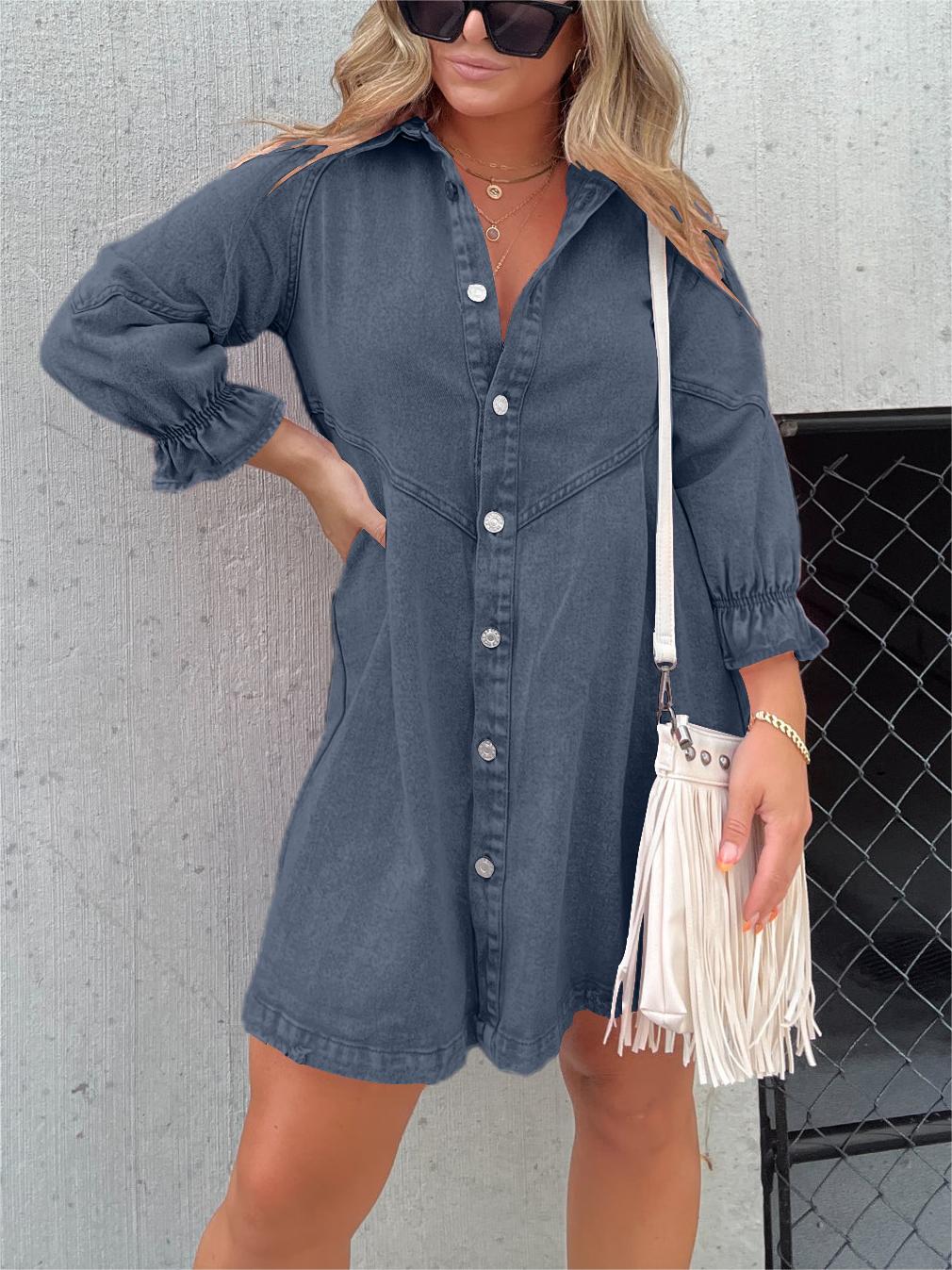 Denim Knoopsluiting Mini Jurk