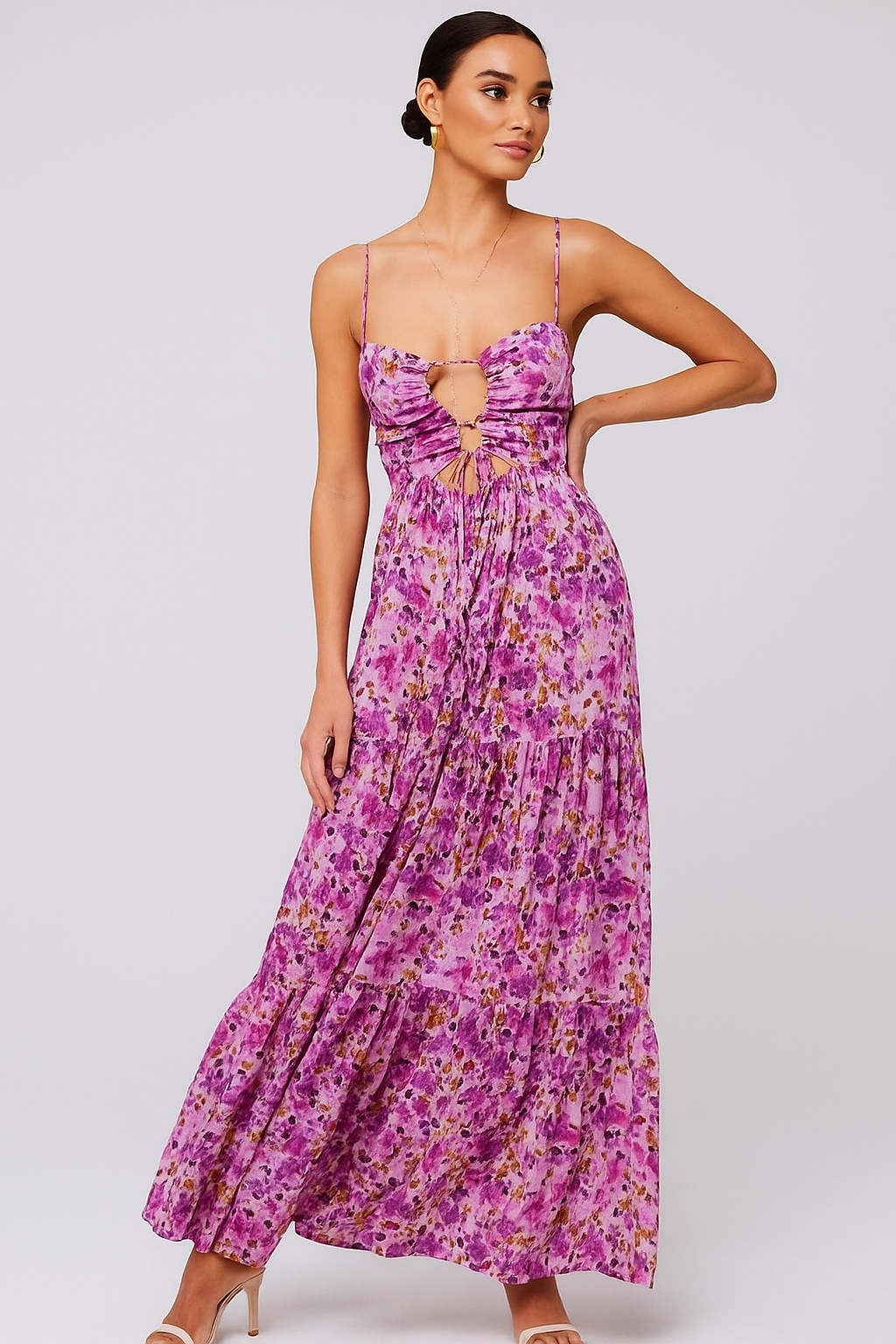 Lange Jurk met Bloemenprint en Rimpeldetail