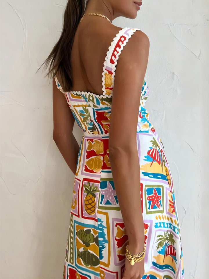 Maxi-jurk met Vierkante Hals en Tropische Print