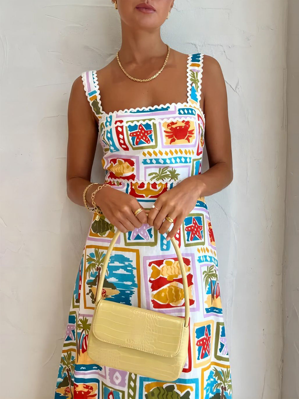 Maxi-jurk met Vierkante Hals en Tropische Print