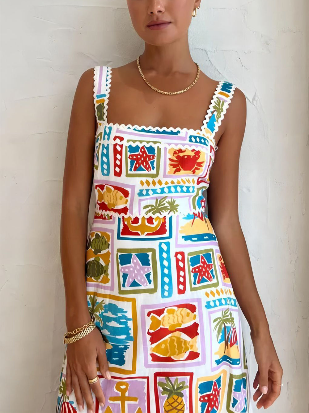 Maxi-jurk met Vierkante Hals en Tropische Print