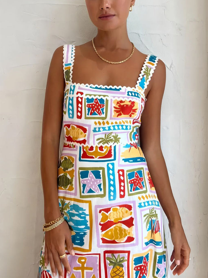 Maxi-jurk met Vierkante Hals en Tropische Print