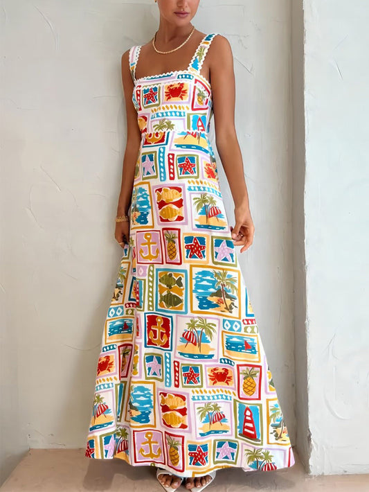 Maxi-jurk met Vierkante Hals en Tropische Print