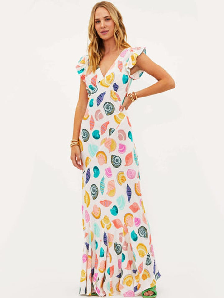 Maxi-jurk met Diepe V-hals en Speelse Schelpenprint