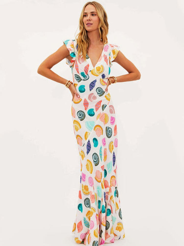 Maxi-jurk met Diepe V-hals en Speelse Schelpenprint