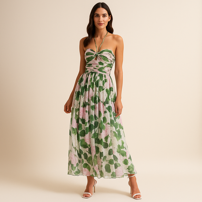 Halterjurk met Bloemenprint en Ruches