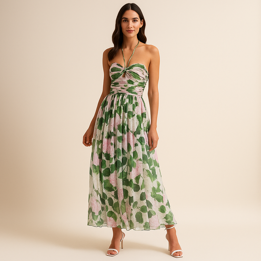 Halterjurk met Bloemenprint en Ruches