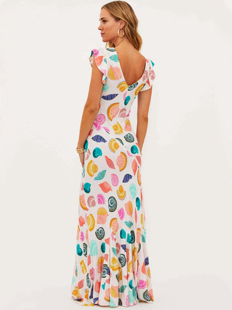 Maxi-jurk met Diepe V-hals en Speelse Schelpenprint