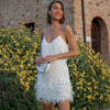 Dames mini-jurk met veren, glamoureus en speels