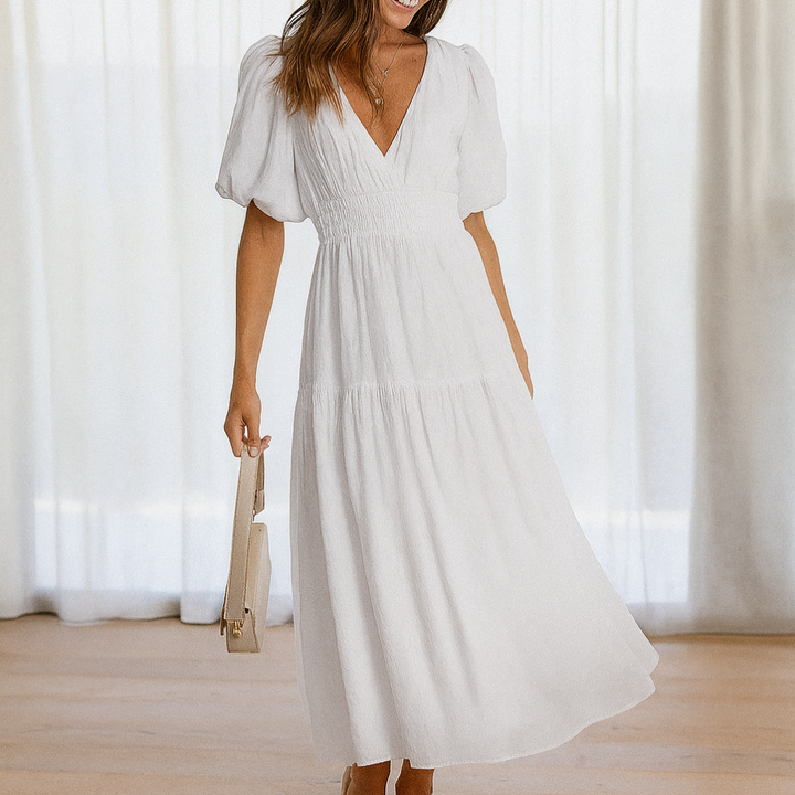 Damesjurk met V-hals en elastische taille