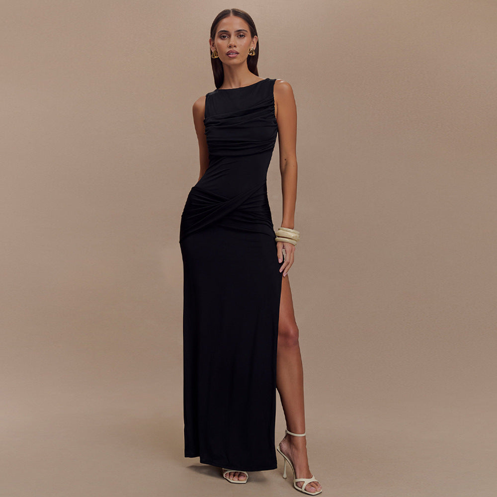 Gedrapeerde mouwloze maxi-jurk met split