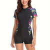 Geometrisch print badpak met rits en korte mouwen