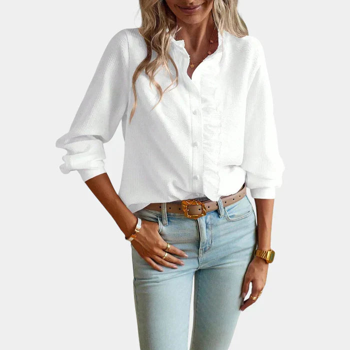 Gestreepte damesblouse met ruches en elegante knoopsluiting