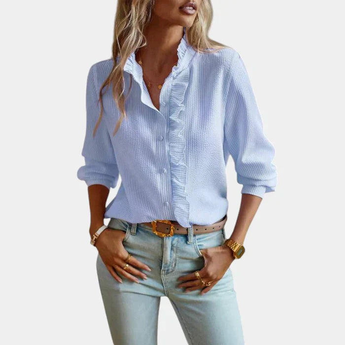 Gestreepte damesblouse met ruches en elegante knoopsluiting