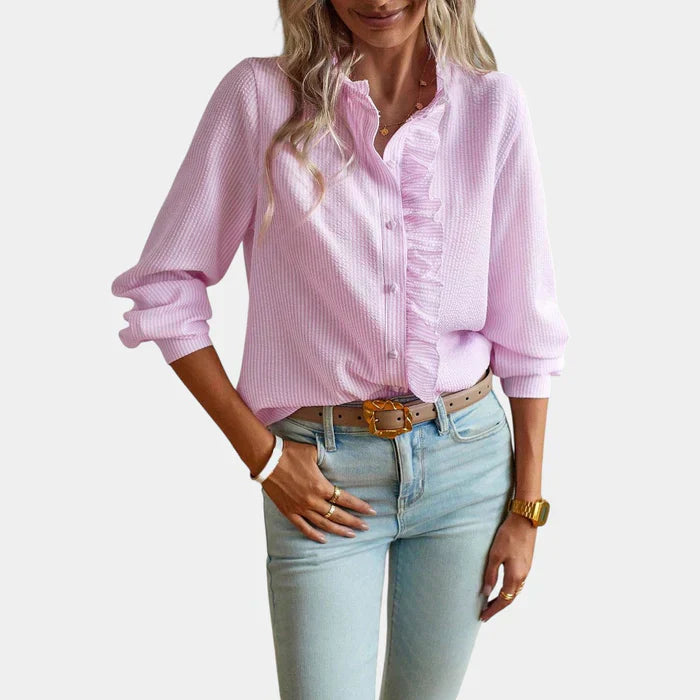 Gestreepte damesblouse met ruches en elegante knoopsluiting