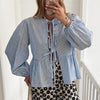 Gestreepte Blouse met Striksluiting en Pofmouwen