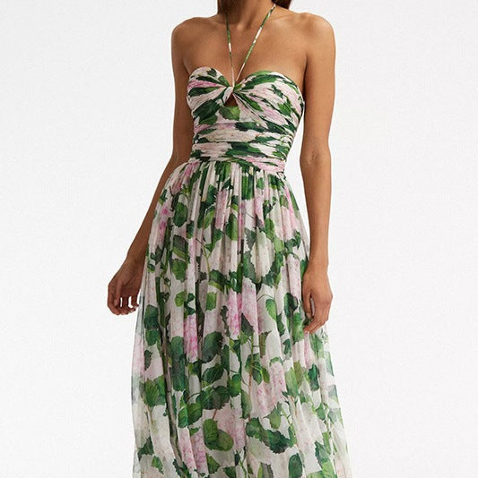 Halterjurk met Bloemenprint en Ruches