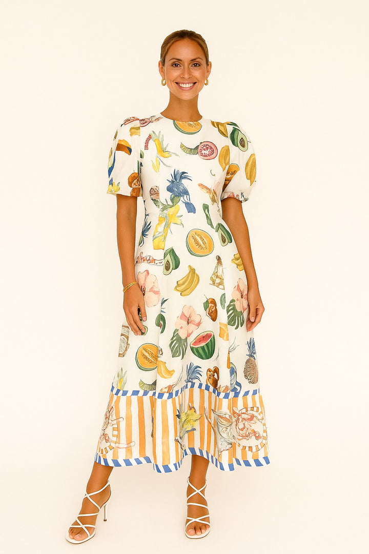 Maxi Jurk met Fruit Print en Pofmouwen