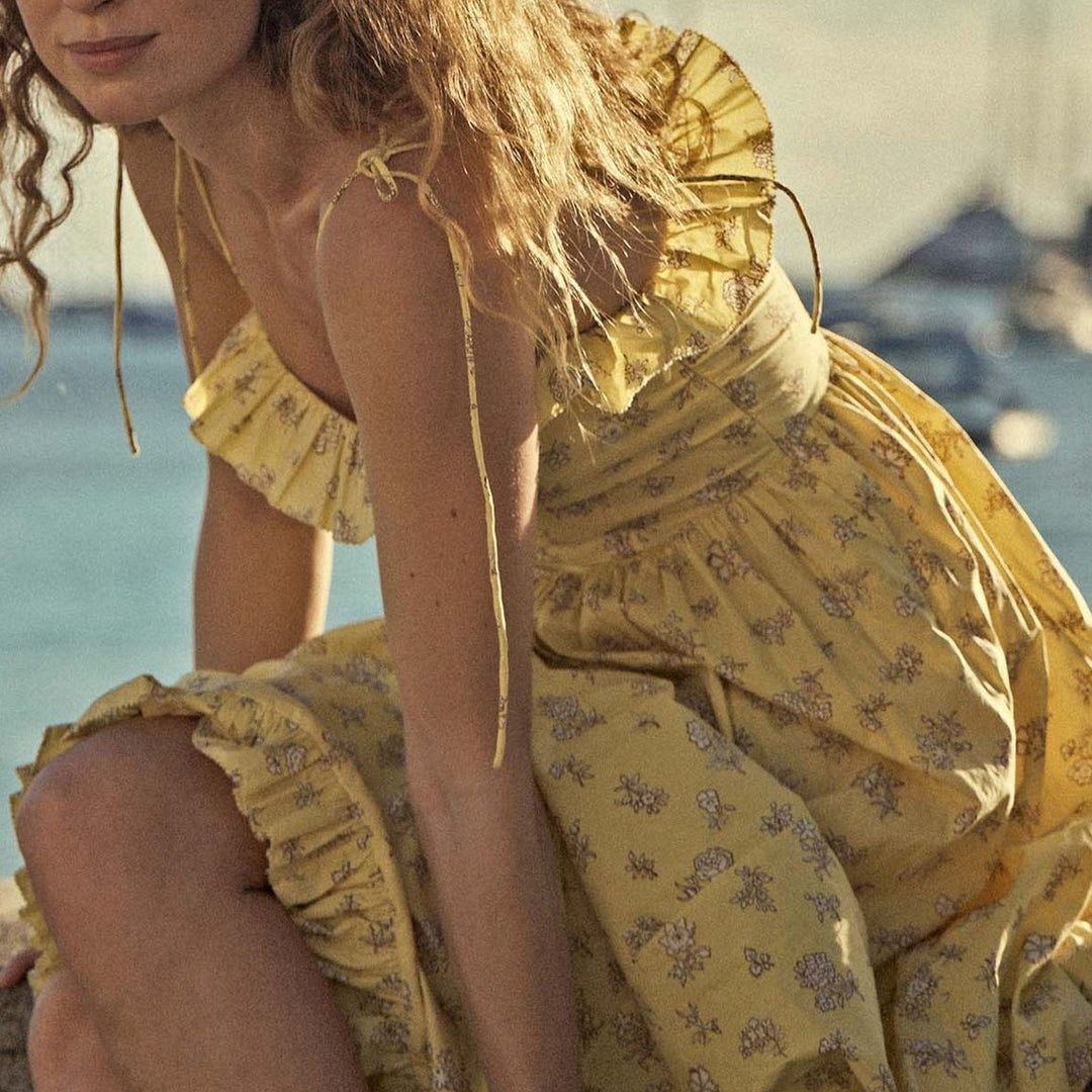 Maxi Jurk met Schouderstrikjes en Bloemenprint