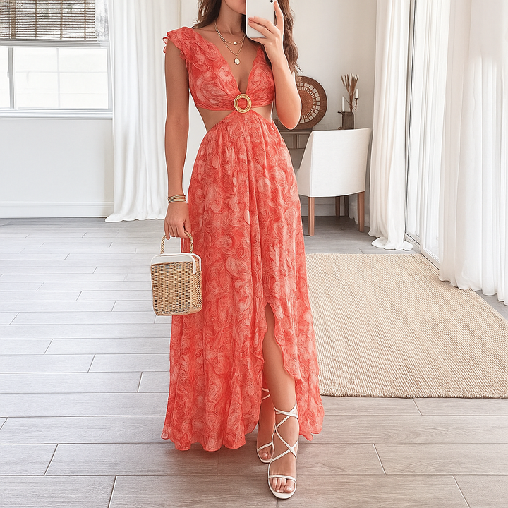 Maxi-jurk met bloemen V-hals