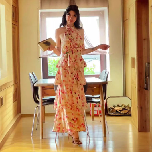 Maxi halterjurk met ruches en bloemenprint