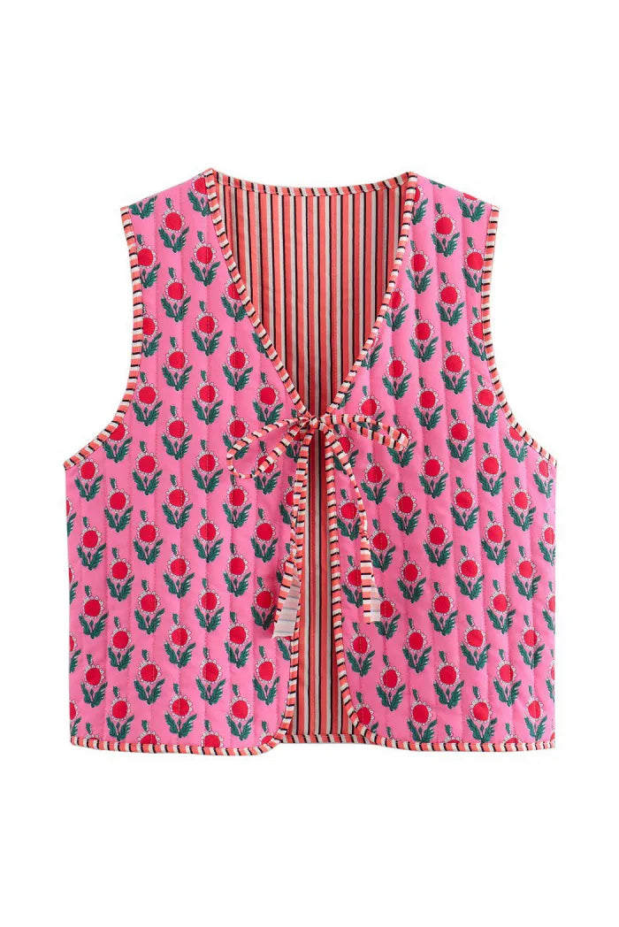 Gilet met Bloemen Print en Gestreepte Voering