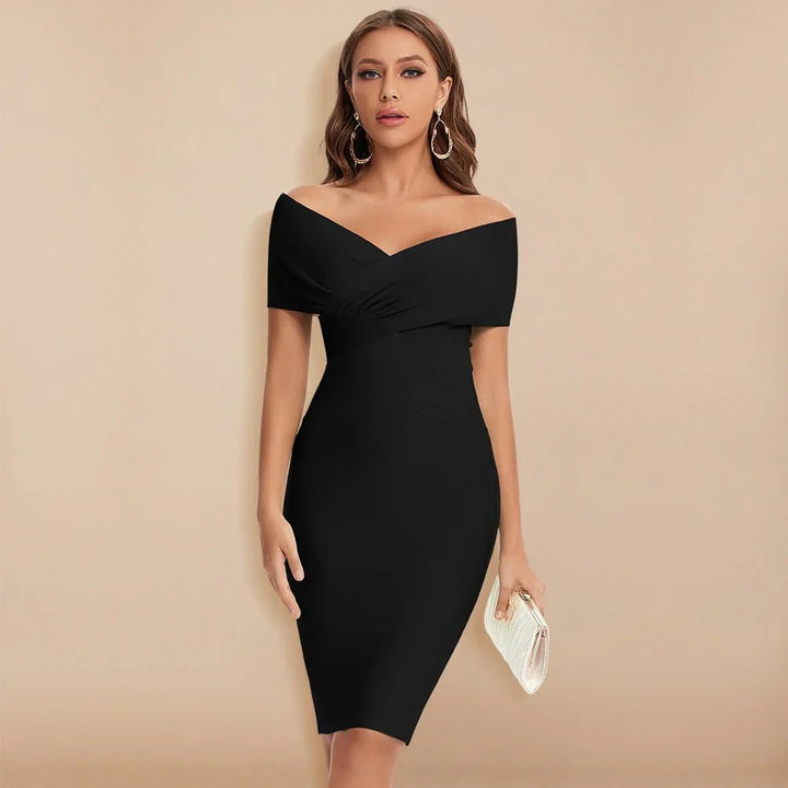 Off-shoulder bandagejurk met V-hals