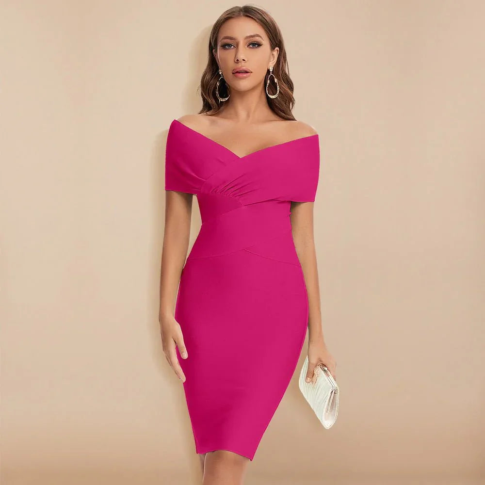 Off-shoulder bandagejurk met V-hals