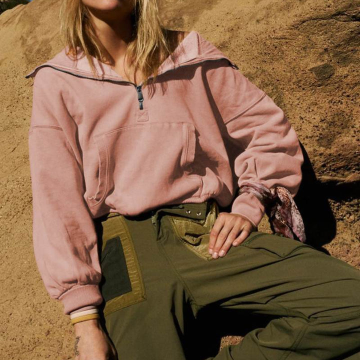 Comfortabele Poeder Roze Trui met Ritssluiting
