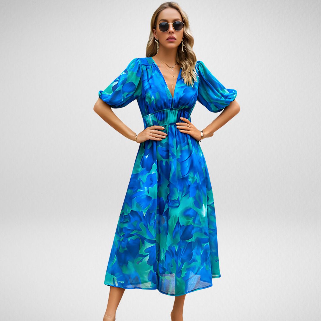 Abstracte Print Midi Jurk met Pofmouwen