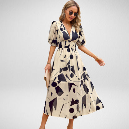Abstracte Print Midi Jurk met Pofmouwen