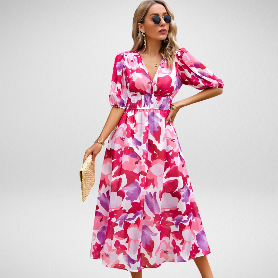 Abstracte Print Midi Jurk met Pofmouwen