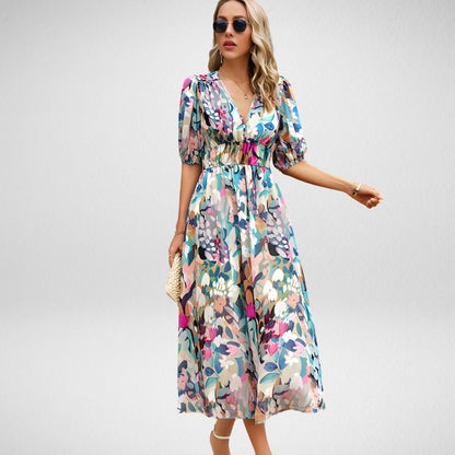 Abstracte Print Midi Jurk met Pofmouwen