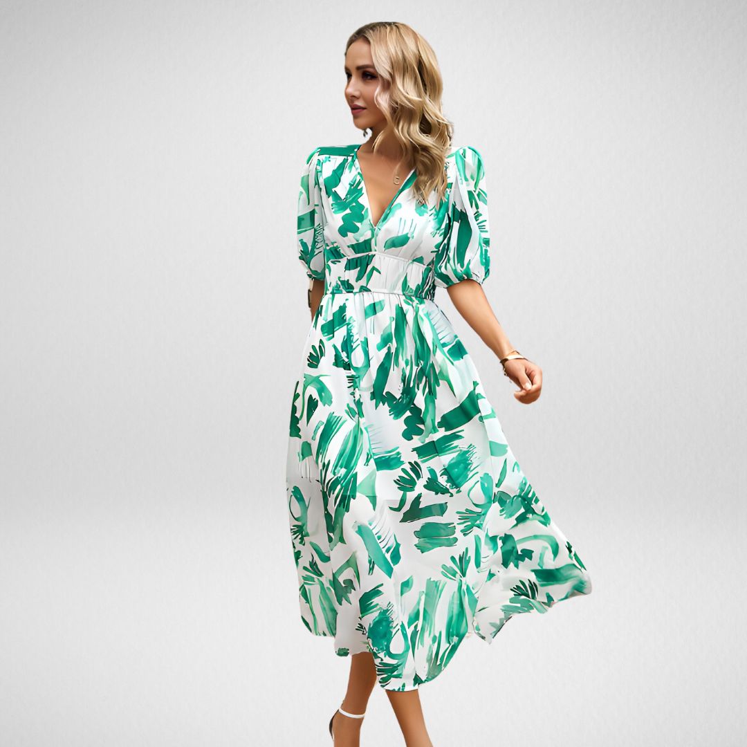 Abstracte Print Midi Jurk met Pofmouwen