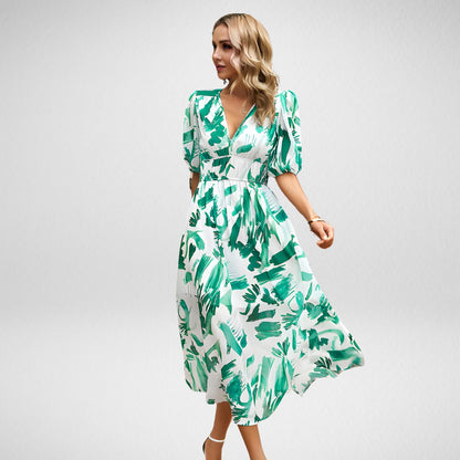Abstracte Print Midi Jurk met Pofmouwen