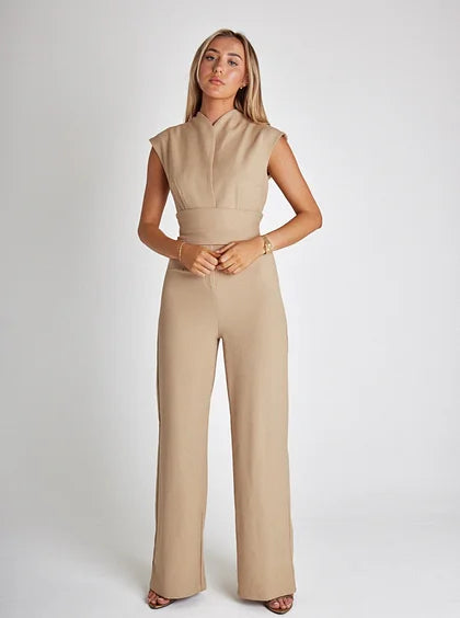 Mouwloze jumpsuit met ceintuur en wijde pijpen