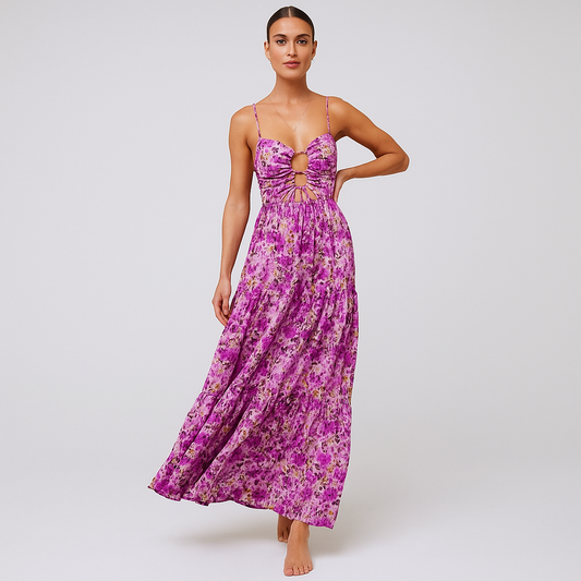 Lange Jurk met Bloemenprint en Rimpeldetail
