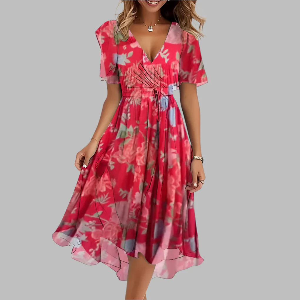 Stijlvolle midi-jurk met bloemenprint en ruches voor dames