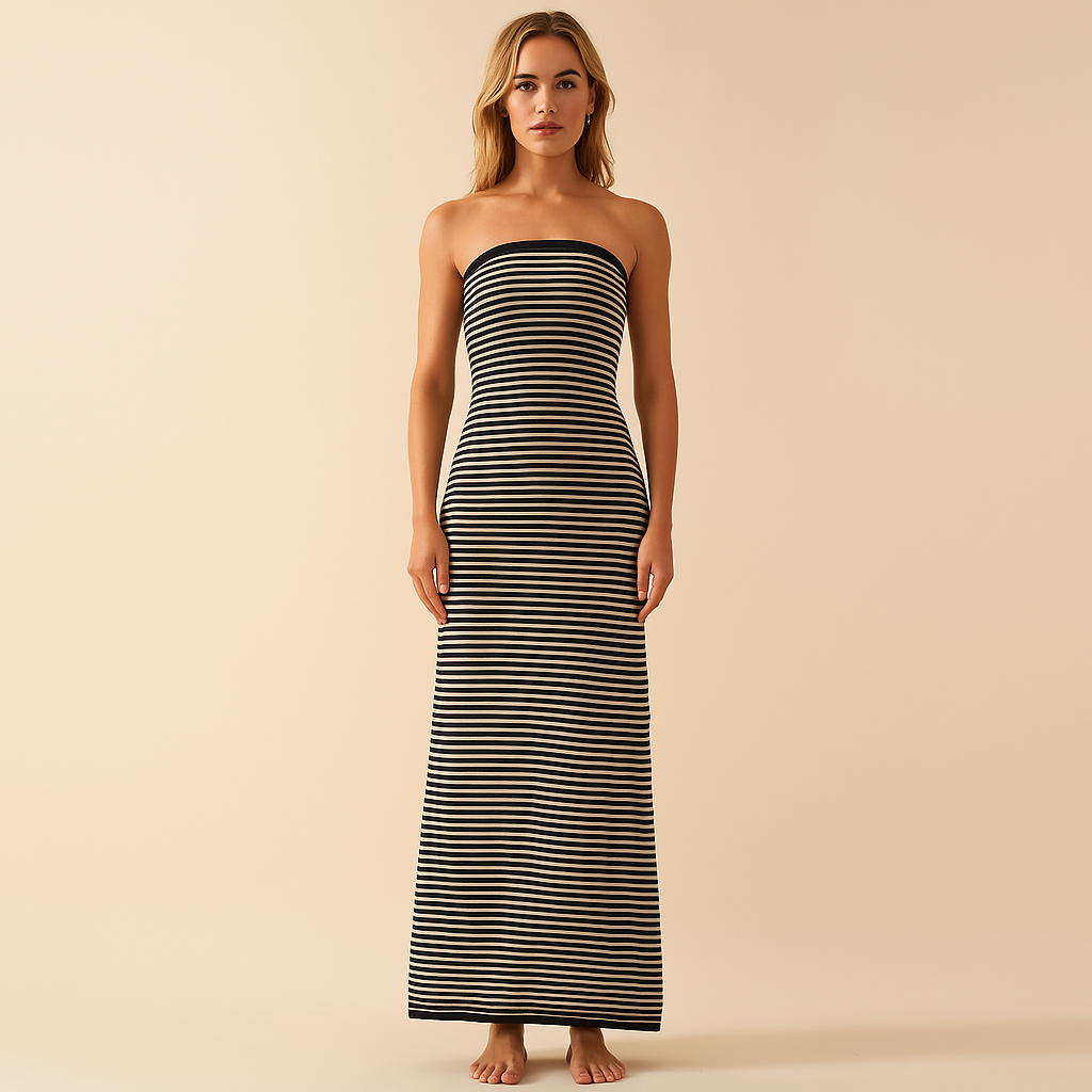 Strapless geribde maxi-jurk
