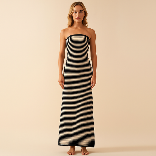 Strapless geribde maxi-jurk