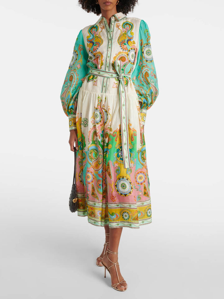 Midi-jurk met paisleyprint en ceintuur