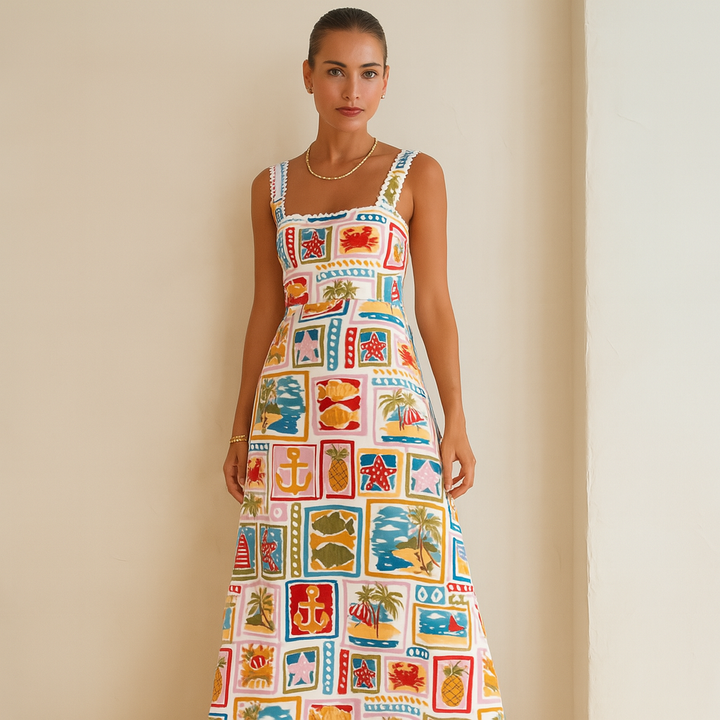 Maxi-jurk met Vierkante Hals en Tropische Print