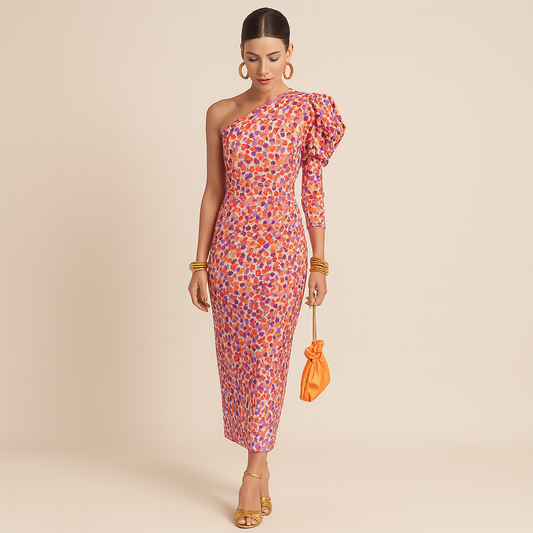 One-Shoulder Geplooide Midi Jurk