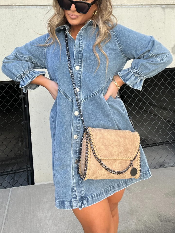 Denim Knoopsluiting Mini Jurk