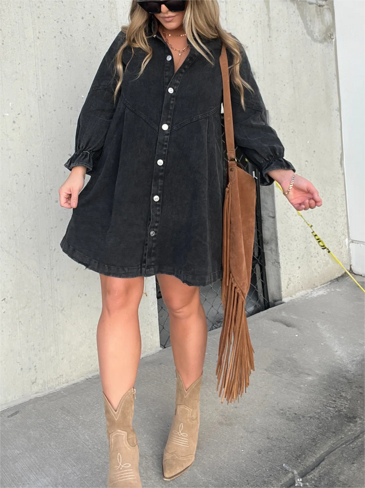 Denim Knoopsluiting Mini Jurk